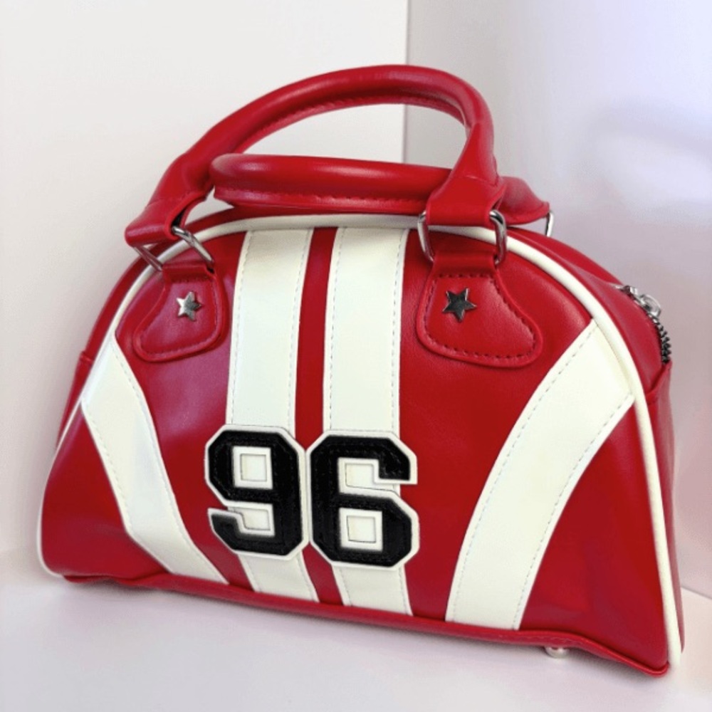 Red and White Striped Dome Satchel Bag w. '96' Patch - Picture 9 of 11